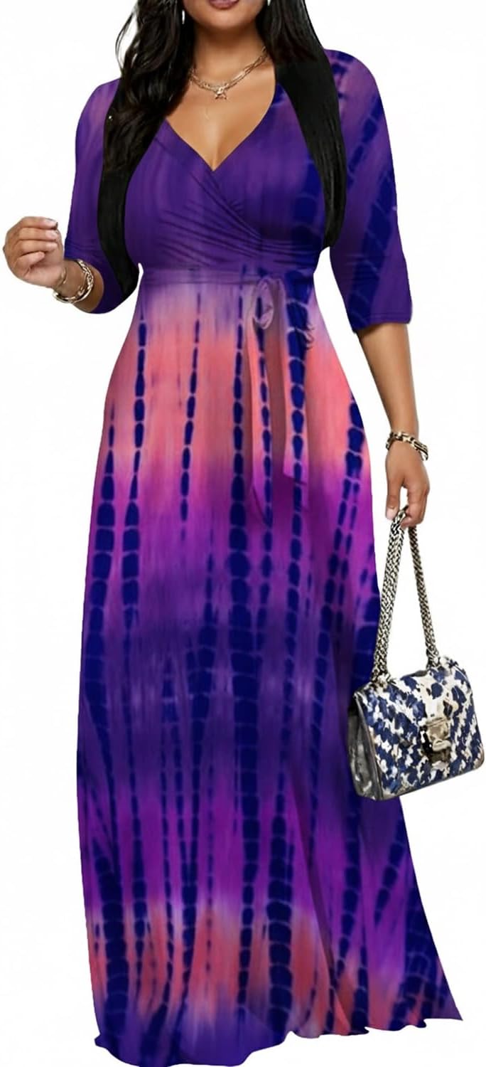 CaniBtr Maxi Dresses for Women Plus Size 3/4 Sleeve Long Dress with Belt