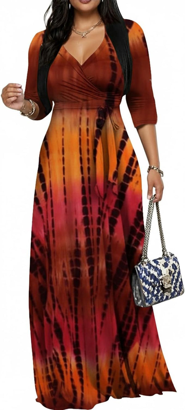 CaniBtr Maxi Dresses for Women Plus Size 3/4 Sleeve Long Dress with Belt