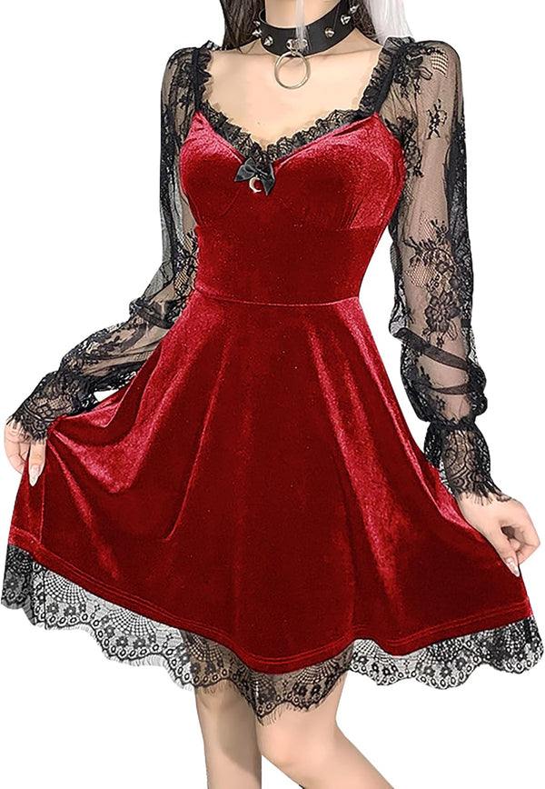 TSMNZMU Women Gothic Velvet Dress - Lace Long Sleeve Midi Lolita Dresses