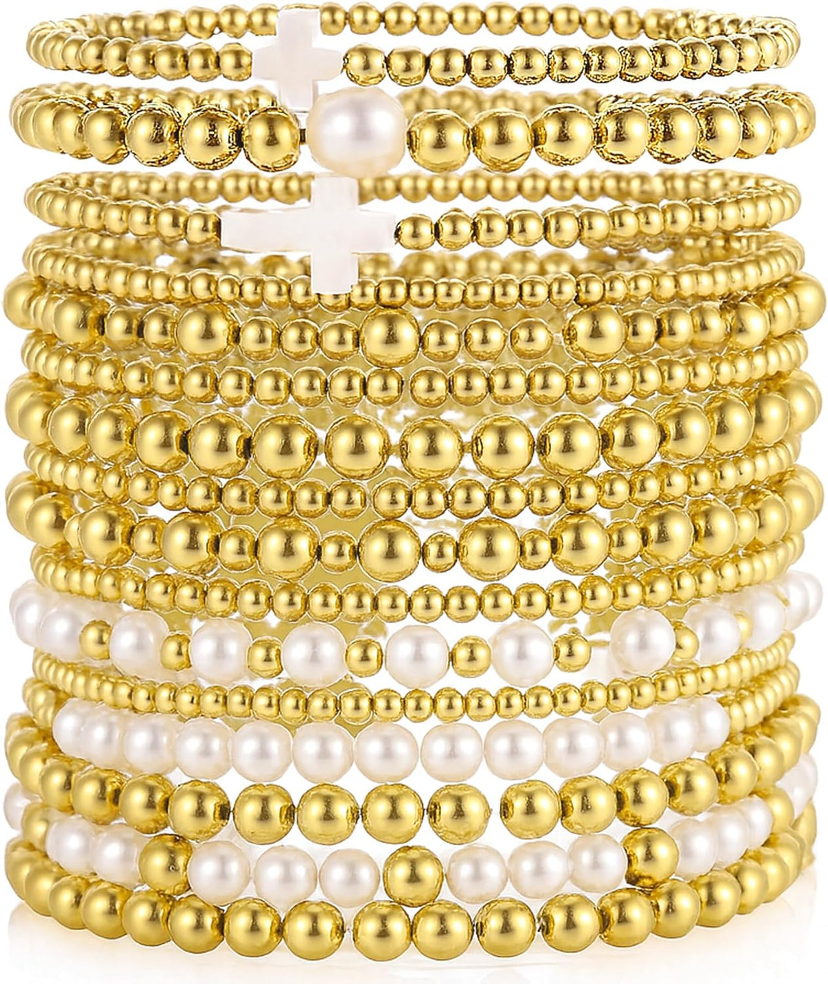 Gold Plated Bead & Pearl Bracelets for Women, 16PC Stackable Stretch Set