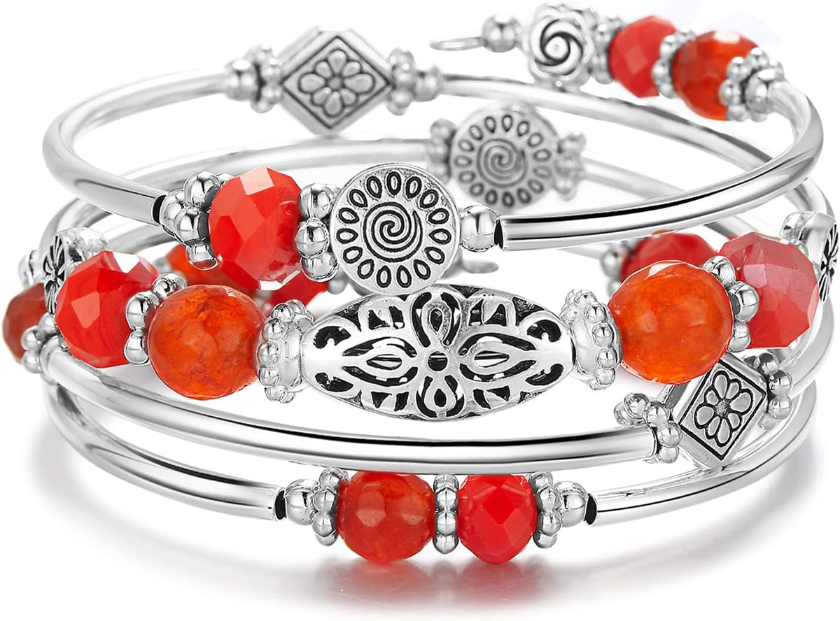 Stackable Beaded Bracelets for Women Boho Wrap Silver Bracelet Layered Fashion Jewelry Gifts for Her