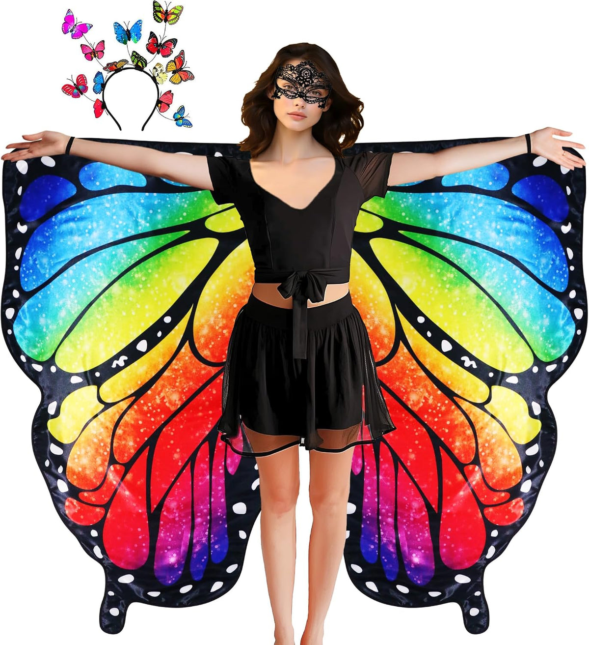 D.Q.Z Double Sided Women Butterfly Wings Costumes for Adults Fairy Music-Festivals with Headband Halloween Cosplay Party