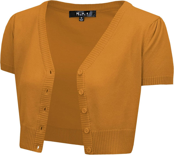 YEMAK Women's Cropped Bolero Cardigan – Short Sleeve V-Neck Basic Classic Casual Button Down Knit Soft Sweater Knitted Top