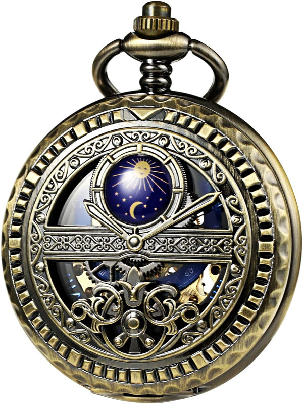 TREEWETO Men's Mechanical Roman Numerals Dial Sun and Moon Skeleton Po