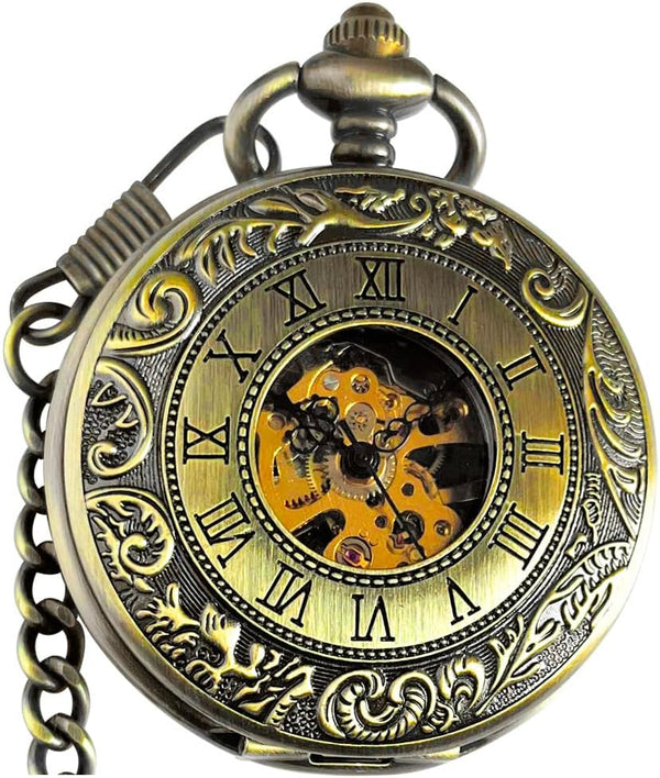 Mechanical Skeleton Pocket Watch with Chain
