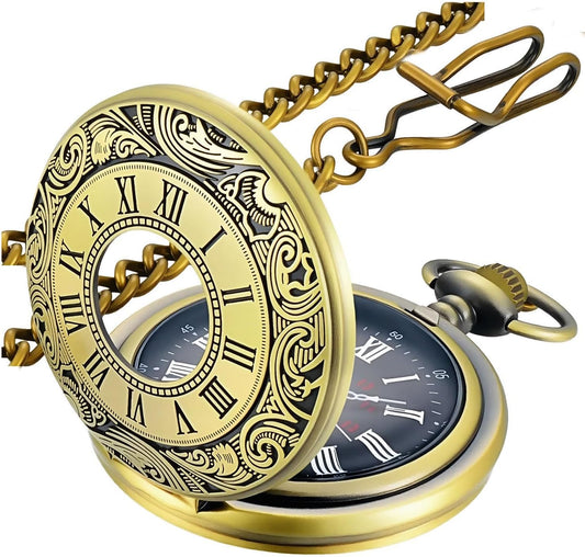 Vintage Roman Numeral Quartz Pocket Watch with Chain