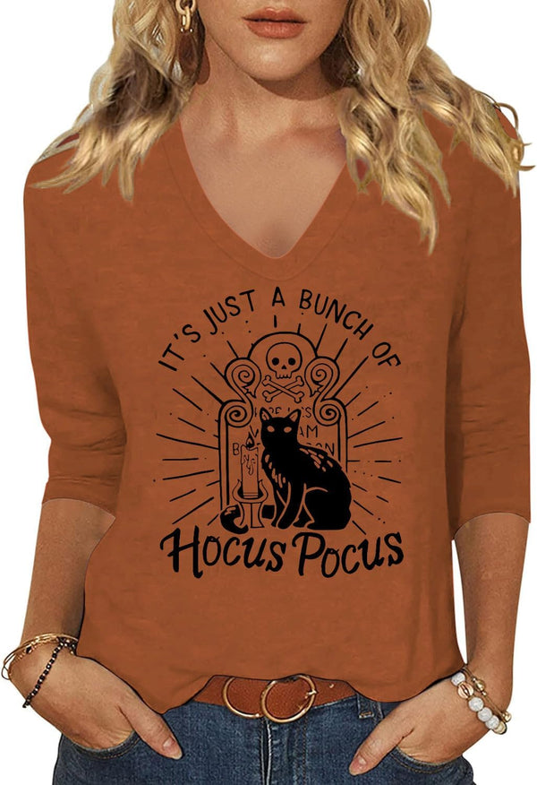 Women's Fall Halloween V Neck Shirt, Hocus Focus Graphic Tee