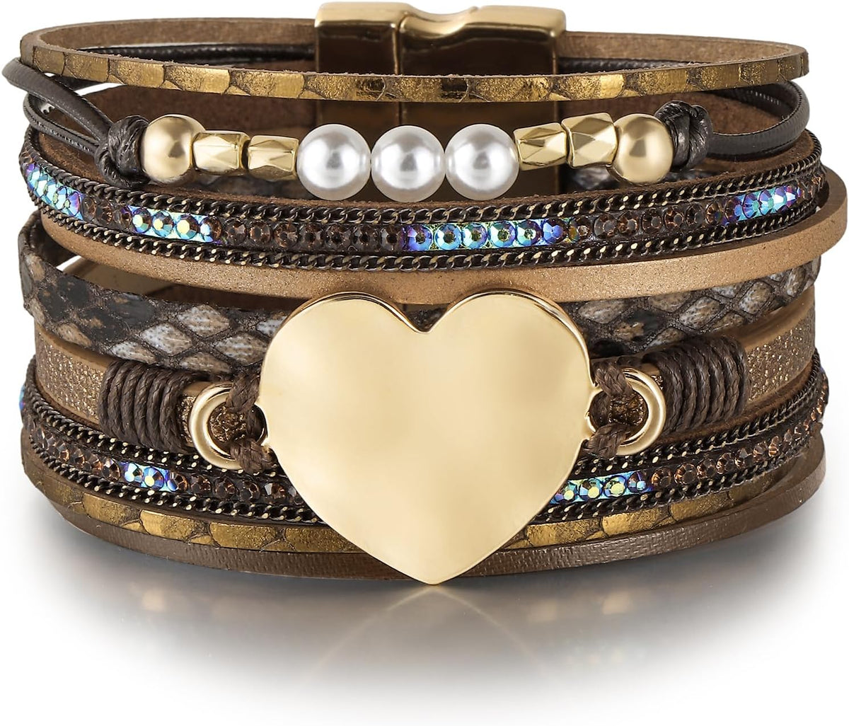 Edoneery Leather Wrap Bracelets for Women, Boho Layered Cuff Bangle