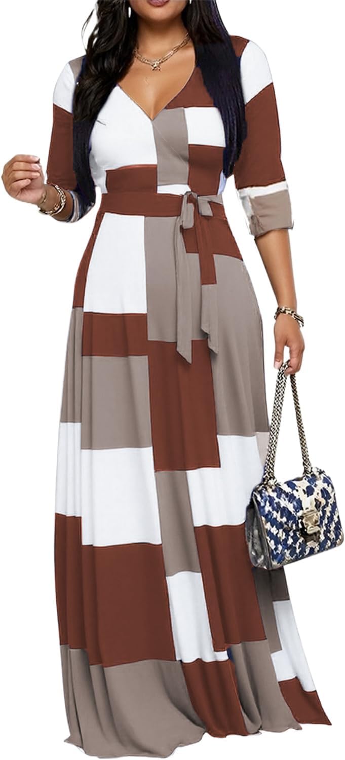 CaniBtr Maxi Dresses for Women Plus Size 3/4 Sleeve Long Dress with Belt