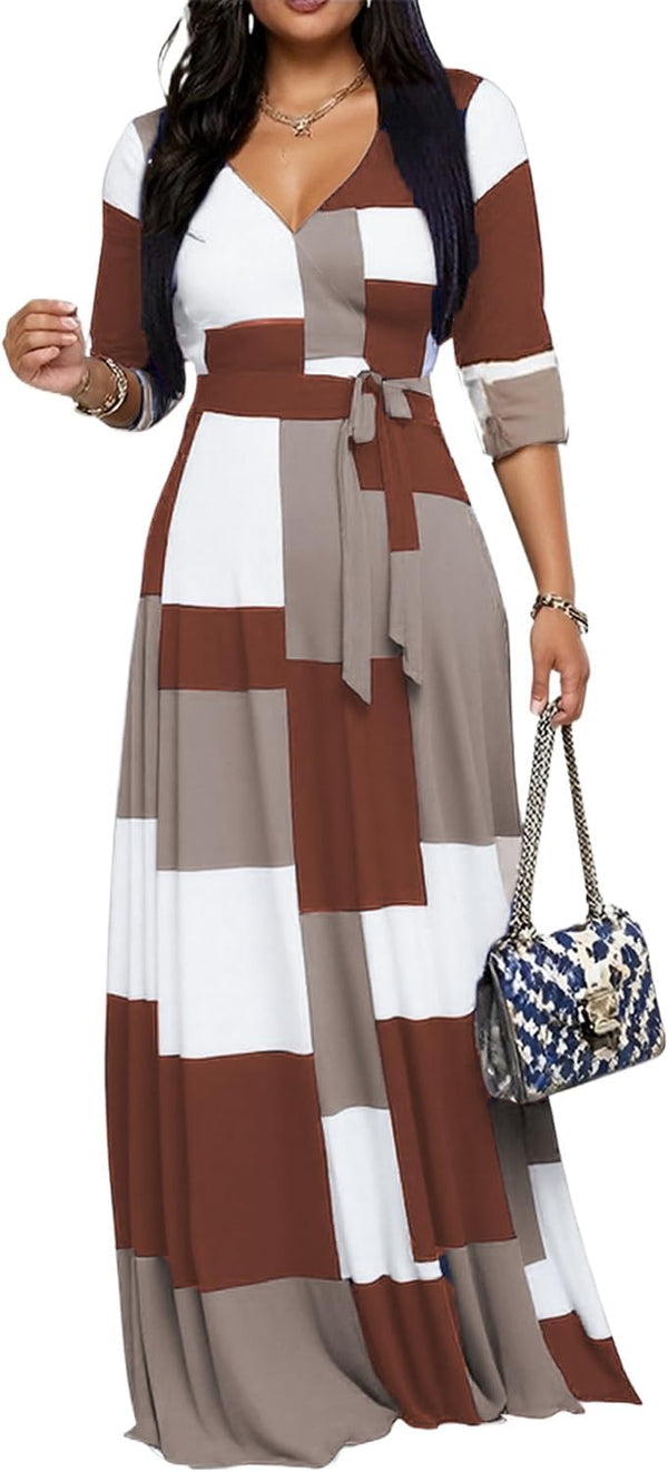 CaniBtr Maxi Dresses for Women Plus Size 3/4 Sleeve Long Dress with Belt