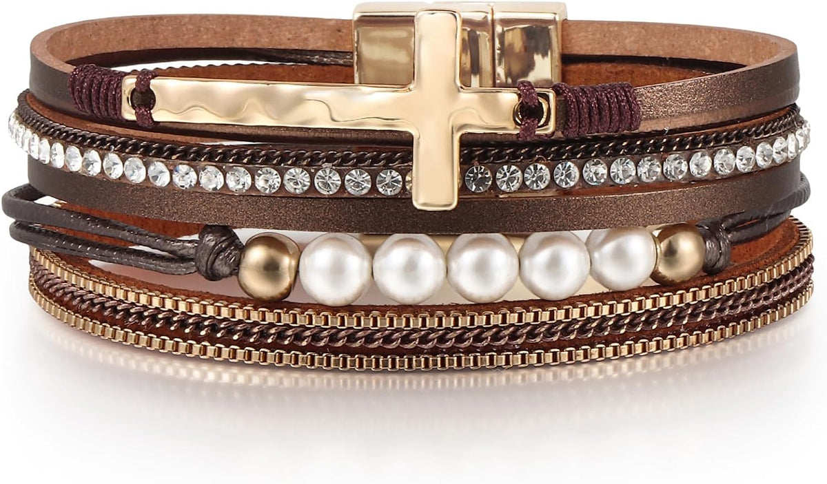 Edoneery Leather Wrap Bracelets for Women, Boho Layered Cuff Bangle