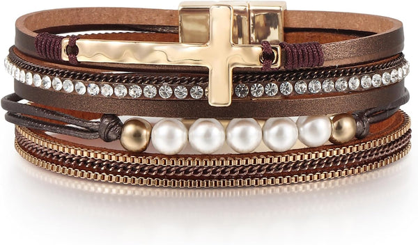 Edoneery Leather Wrap Bracelets for Women, Boho Layered Cuff Bangle