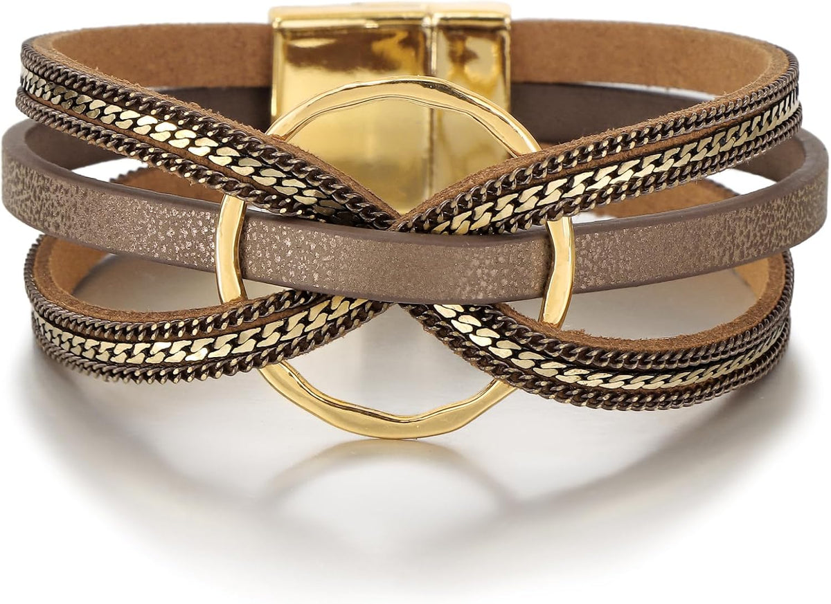Edoneery Leather Wrap Bracelets for Women, Boho Layered Cuff Bangle