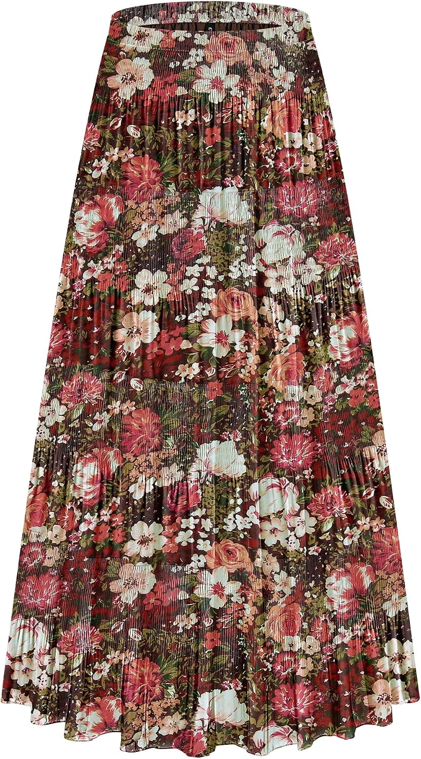 CYiNu Women's Chiffon Elastic High Waist Tiered Pleated Floral Printed A-Line Boho Long Maxi Skirts