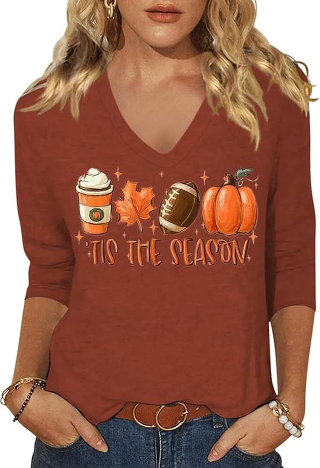Womens Fall Halloween 3/4 Sleeve V Neck Shirts