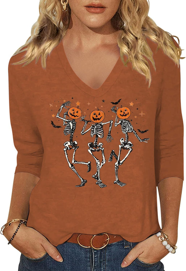 Womens Fall Halloween 3/4 Sleeve V Neck Shirts