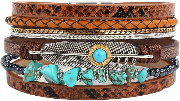Fesciory Leather Wrap Bracelet for Women, Boho Western Layered Cuff Jewelry
