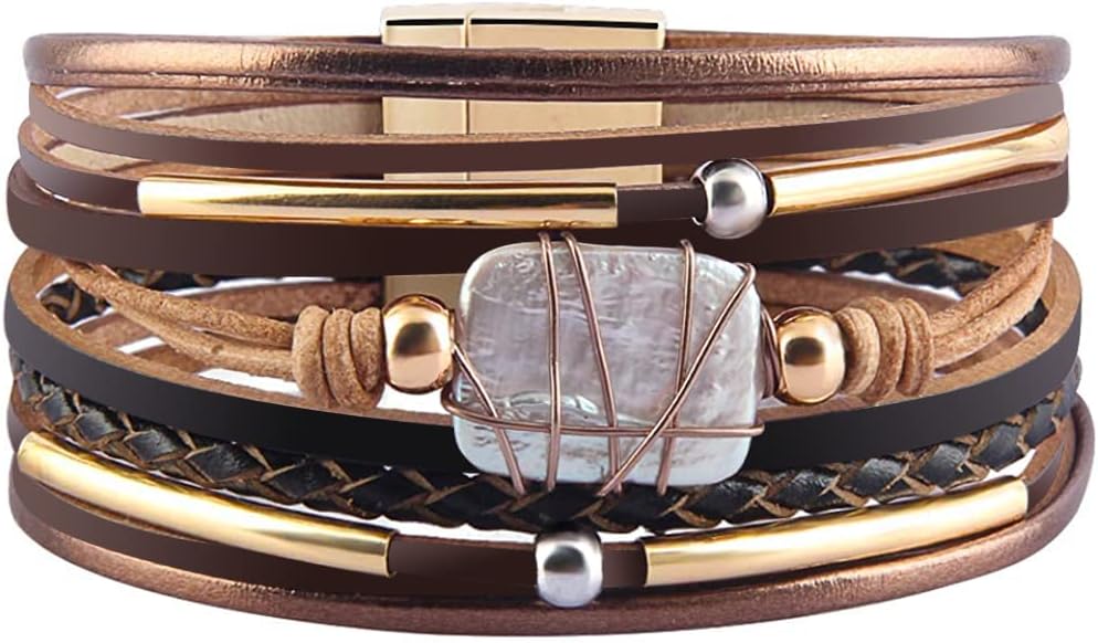 Fesciory Leather Wrap Bracelet for Women, Boho Western Layered Cuff Jewelry