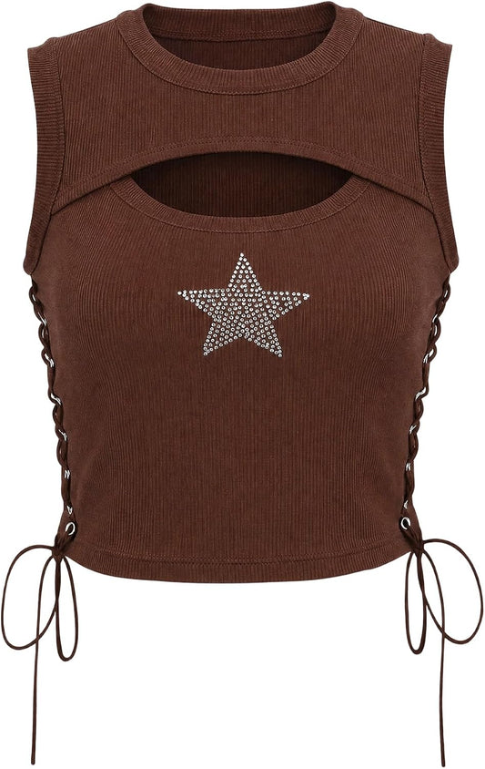 Womens Y2K Gothic Tops Star Sparkly Rhinestone Fitted Crop Tops