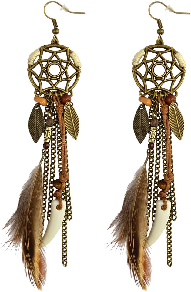 Punk Vintage Long Tassel Feather Beads Drop Wolf Tooth Pendant Earring Fish Hook Earrings Suitable to Wear At All Times