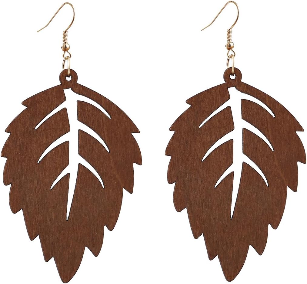 Wooden Palm Leaf Drop Dangle Earrings
