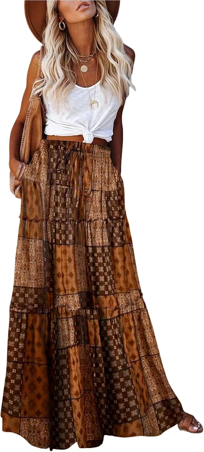 EARKOHA Womens Boho Maxi Skirt 2026 Summer Cruise Casual High Waist Tie Flowy Long Skirt with Pockets For Beach Vacation
