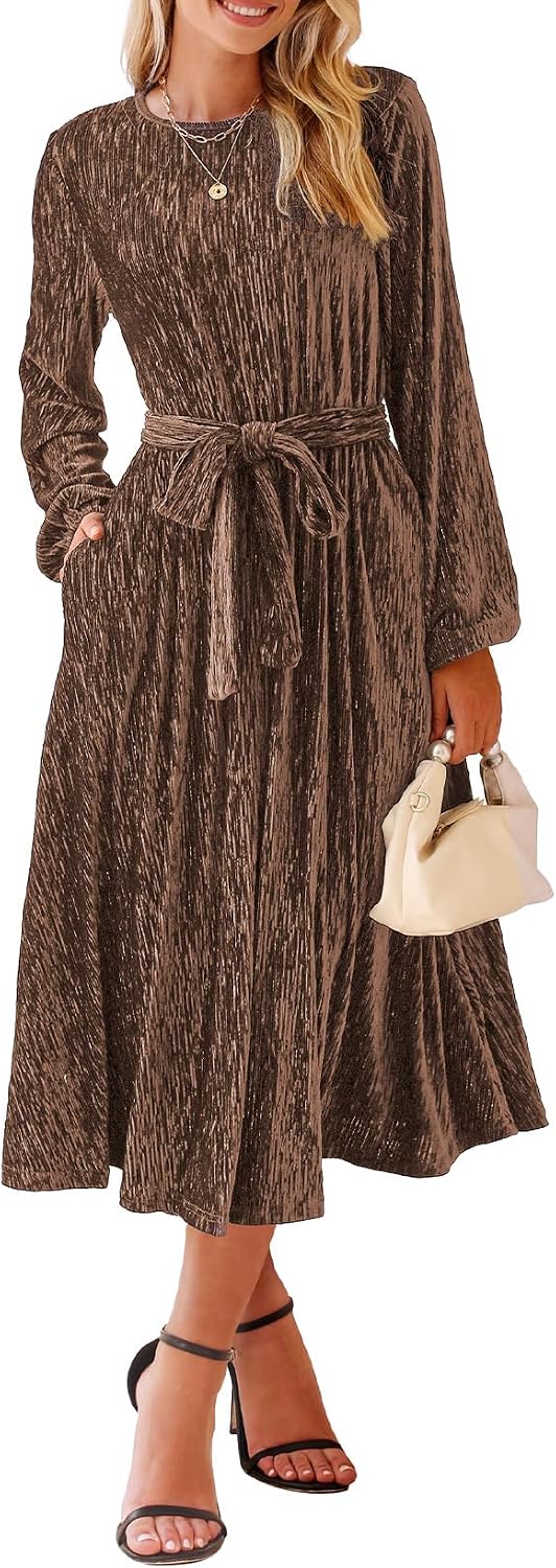 Happy Sailed Women's Velvet Dress Fashion Fall Winter Long Sleeve High Waist A-Line Semi Formal Wedding Guest Dresses