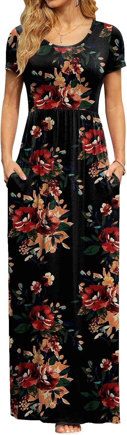 DB MOON Women's Summer Maxi Dress Casual Short Sleeve Empire Waist Pockets