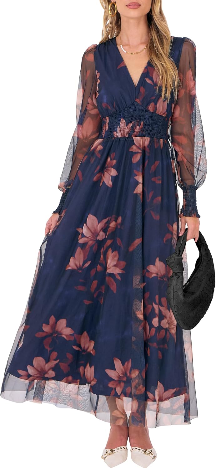 ANRABESS Women's Fall Wedding Guest Tulle Floral Long Sleeve Maxi Dress