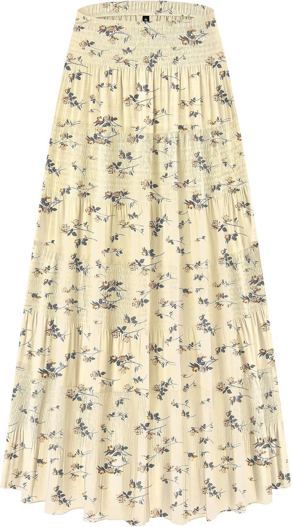 CYiNu Women's Chiffon Elastic High Waist Tiered Pleated Floral Printed A-Line Boho Long Maxi Skirts
