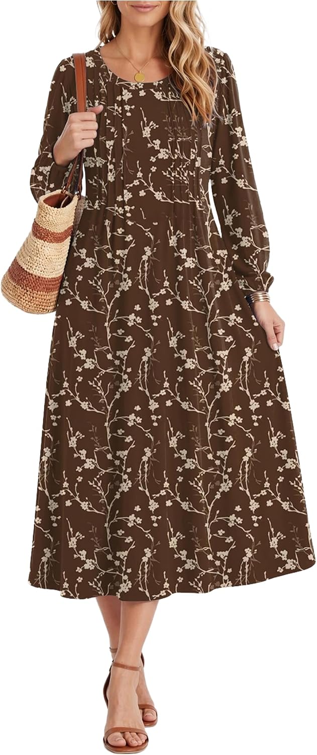 Zeagoo Fall Dresses for Women Long Sleeve Midi Dress Casual A Line Dresses 2026 Pleated Flare Dress with Pockets