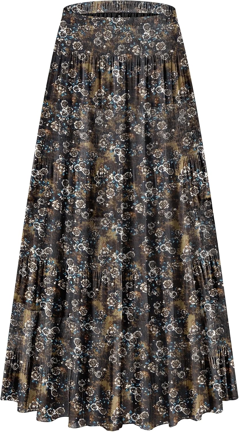 CYiNu Women's Chiffon Elastic High Waist Tiered Pleated Floral Printed A-Line Boho Long Maxi Skirts