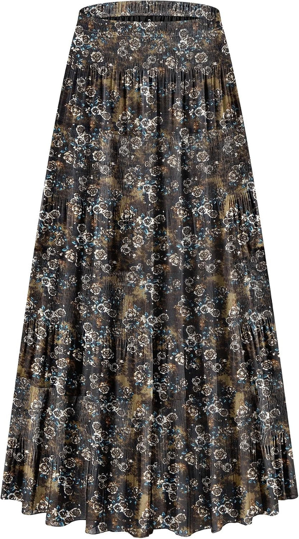 CYiNu Women's Chiffon Elastic High Waist Tiered Pleated Floral Printed A-Line Boho Long Maxi Skirts