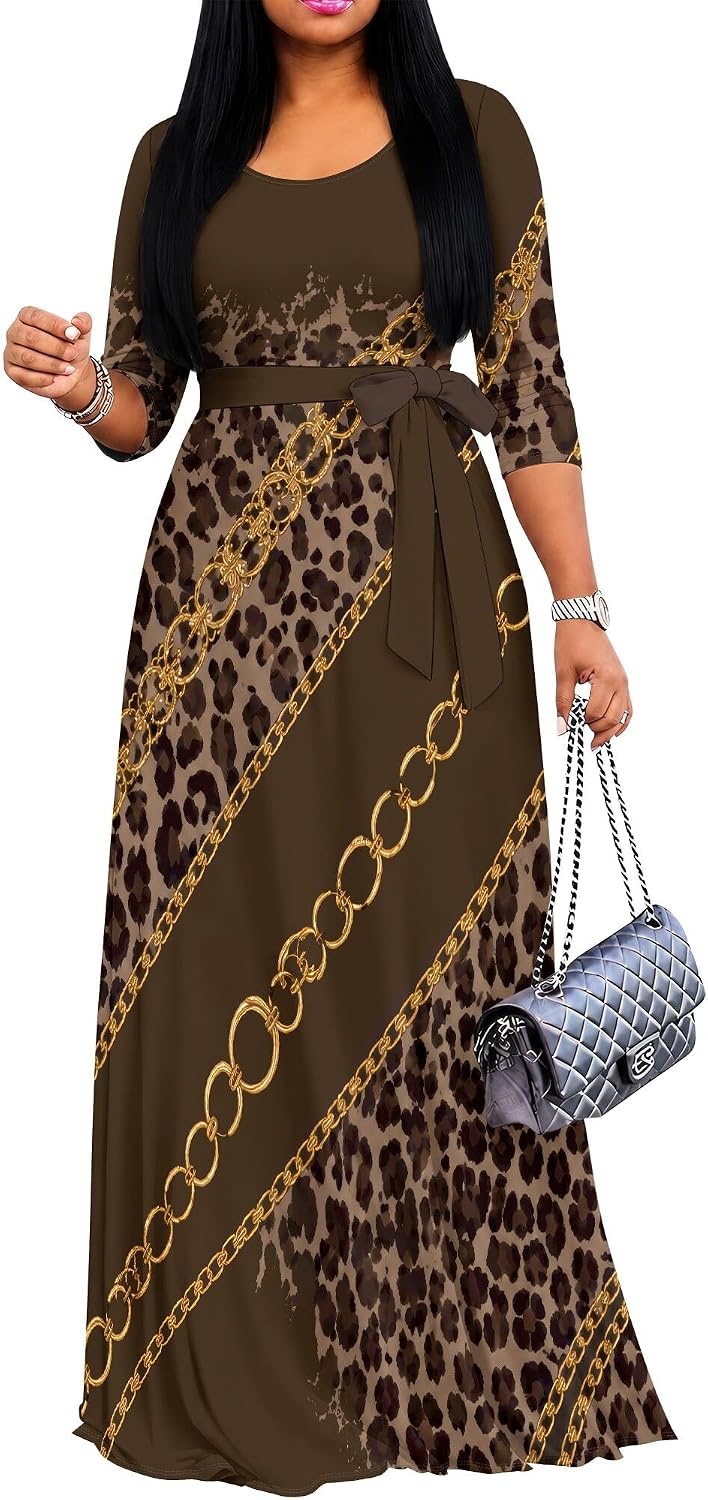 PinkPatty Women's Plus Size V Neck 3/4 Sleeve Boho Maxi Dress with Pockets