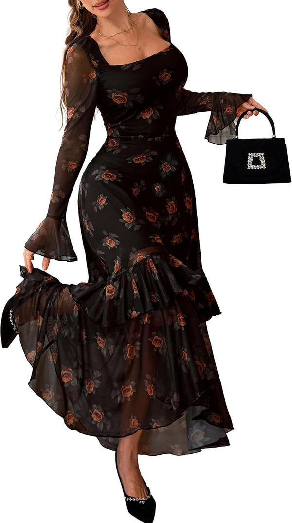 GothDark Women's Floral Mesh Square Neck Fall Wedding Guest Maxi Dress