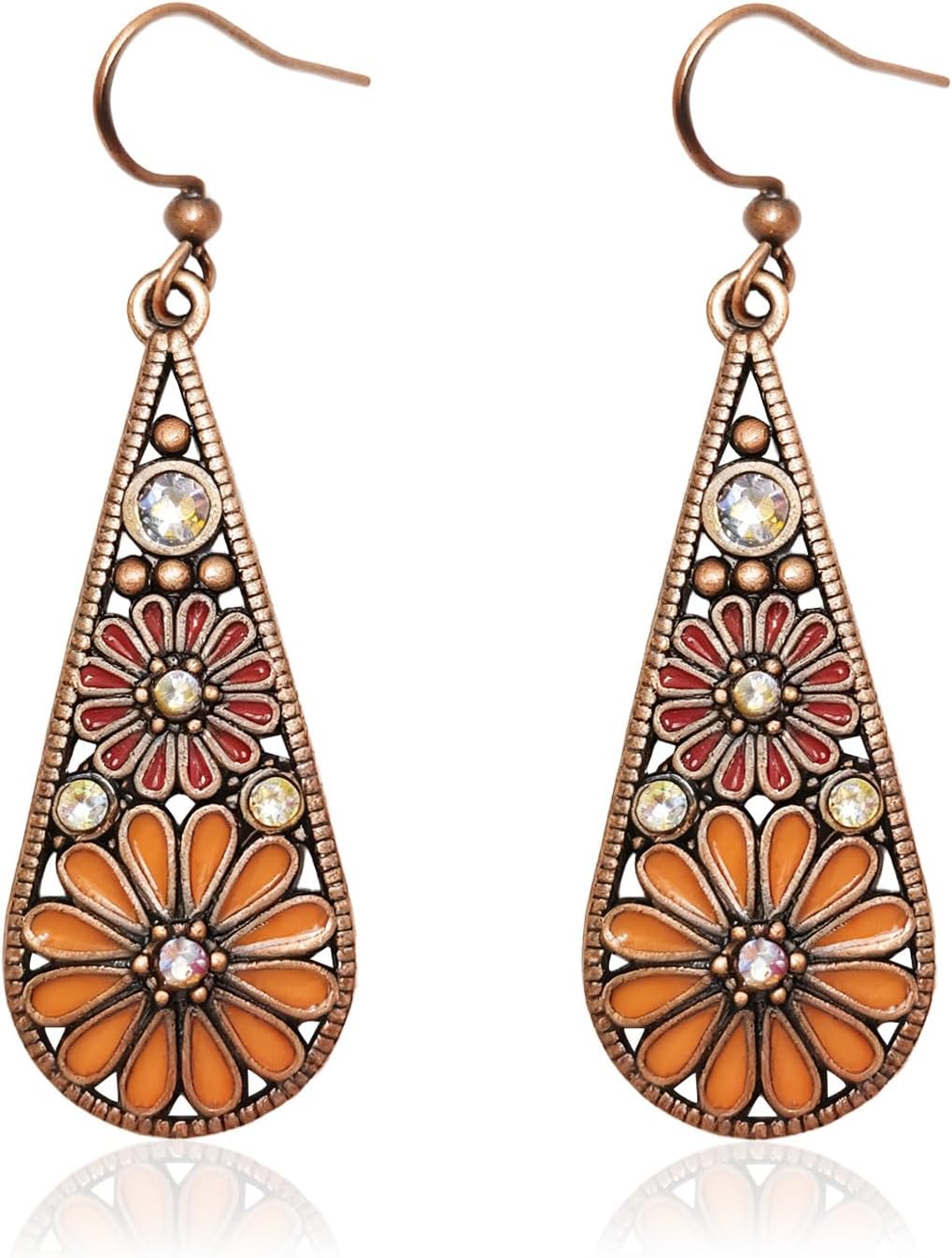 Bohemian Crystal Teardrop Pendant Earring,Vintage Olive Green Hollow Out Flower Floral Dangle Earrings,National Style Geometry Enamel Flower Hook