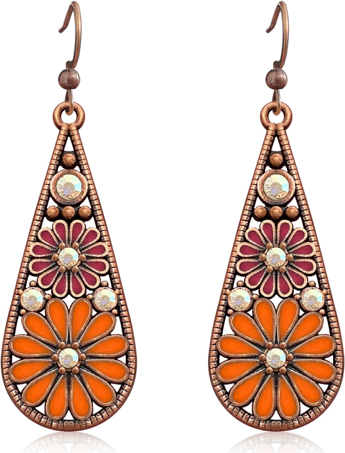 Copper Crystal Teardrop Enamel Flower Earrings