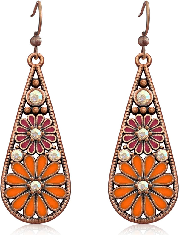 Copper Crystal Teardrop Enamel Flower Earrings