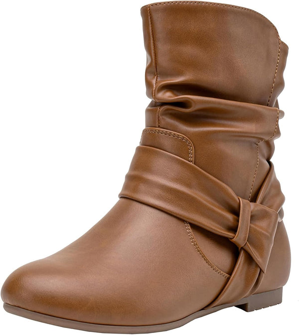 Women's Slouch Ankle Boots, Flat Low Heel Side Zip Booties 939A