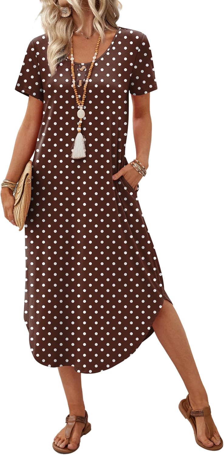 OFEEFAN Summer Dresses for Women 2026 Casual Midi Dresses Beach Vacation Outfits Tshirt Dress with Pockets Resort Wear