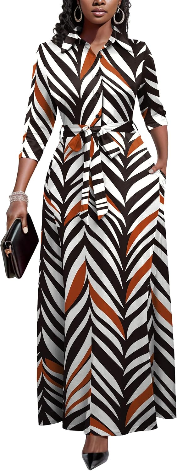 Runwind Womens Maxi Dress 3/4 Sleeve Button Down Church Dress with Pockets