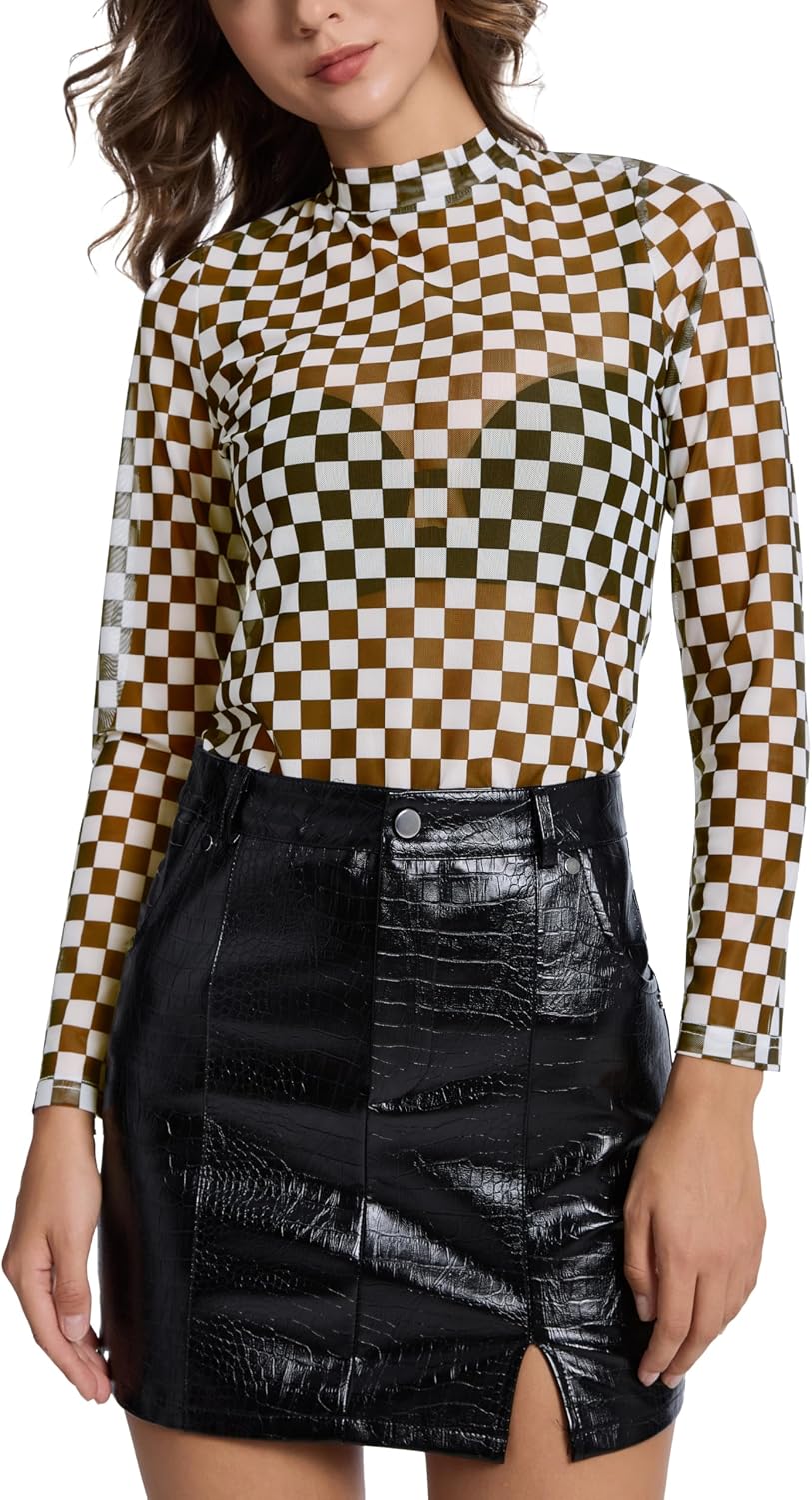 Womens Mesh Long Sleeve Tops Mock Neck Sexy Sheer See Through Tee Shirts Party Club Night Lace Blouse