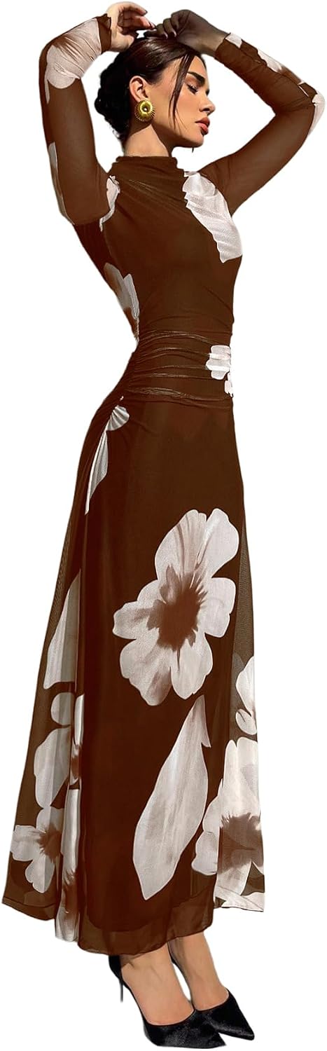 Verdusa Women's Floral Wedding Guest Dress Long Sleeve Mesh Maxi Dresses