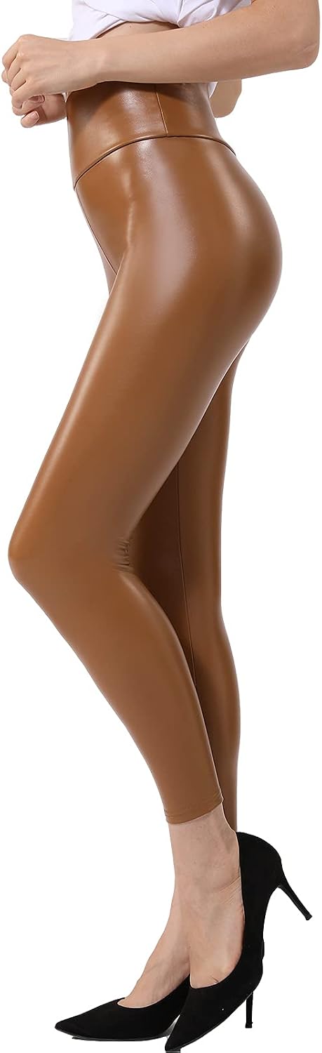 Faux Leather Leggings for Women, Tummy Control Fleece-Lined