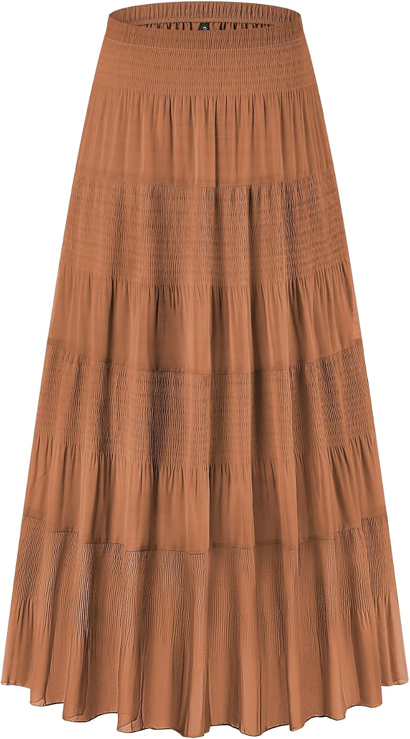 CYiNu Women's Chiffon Elastic High Waist Tiered Pleated Floral Printed A-Line Boho Long Maxi Skirts