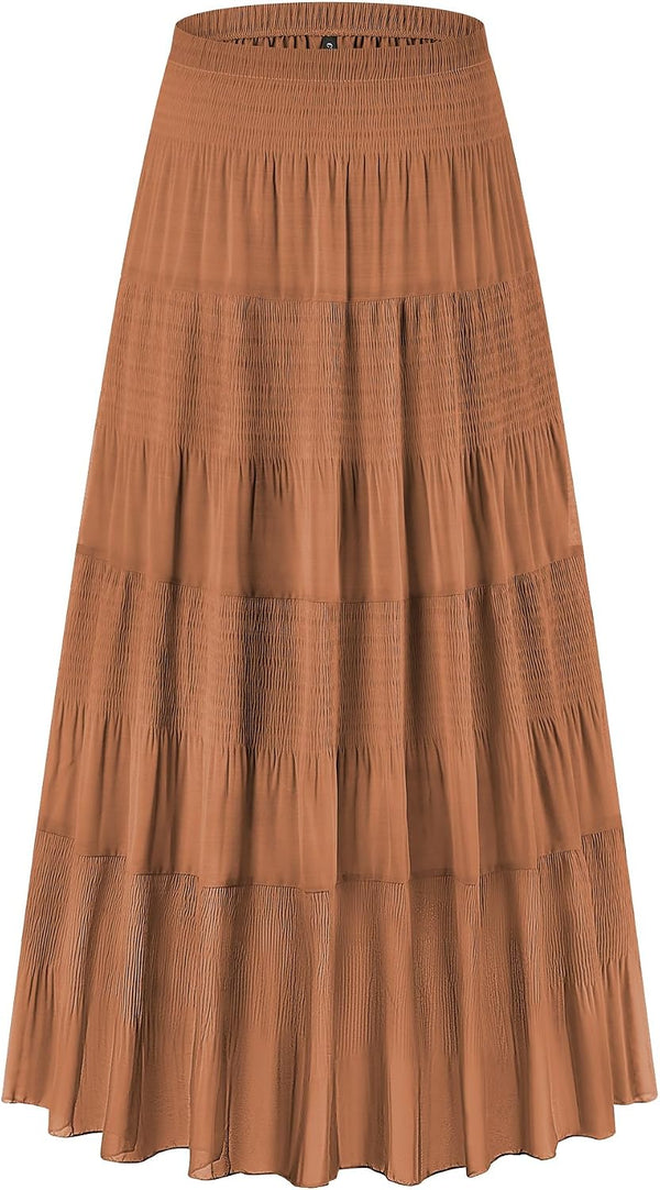 CYiNu Women's Chiffon Elastic High Waist Tiered Pleated Floral Printed A-Line Boho Long Maxi Skirts