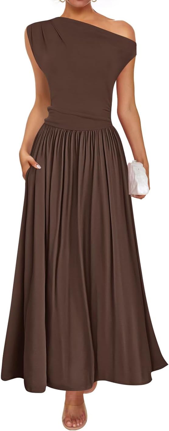 ZESICA Womens Sleeveless One Shoulder Maxi Dress with Pockets