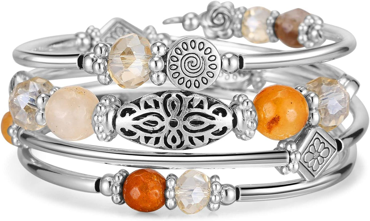Stackable Beaded Bracelets for Women Boho Wrap Silver Bracelet Layered Fashion Jewelry Gifts for Her