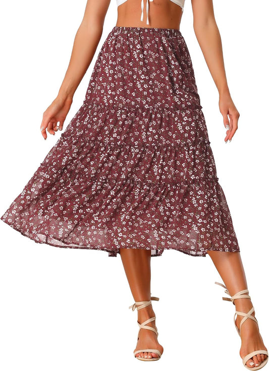 Allegra K Women's Floral Skirt Chiffon A-line Long Tiered Ruffle Maxi Skirt