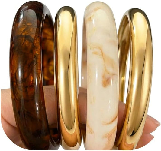 Acrylic Gold Bangle Bracelets for Women, Chunky Brown Stackable Bangles Set, Trendy Thick Resin Statement Cuff Bracelet Stack, Fashion Jewelry Gift